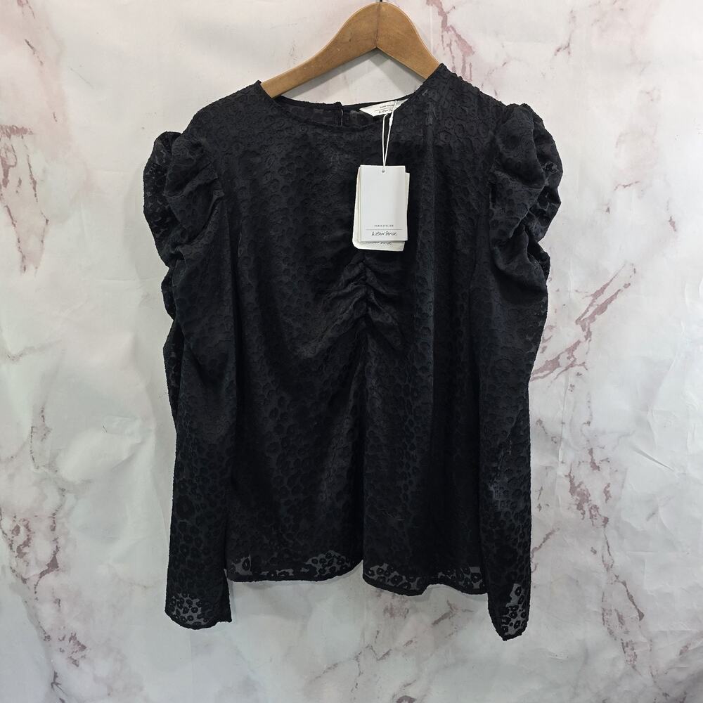 & Other Stories Shirt Womens Medium 10 Black Blouse Leopard Sheer Puff Sleeve